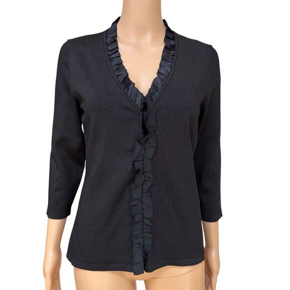 Ann Taylor silk blend black ruffle trim detail cardigan size M - Picture 1 of 7